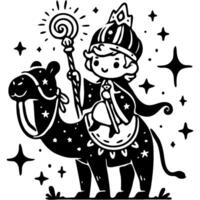 Wizard king rides a camel in monochrome. Simple minimalistic in black ink drawing on white background vector