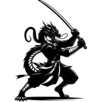 Ninja dragon master in katana sword attacking position in monochrome. Beast fighter of secret clan animal roars. Tattoo minimalistic in black ink drawing on white background vector