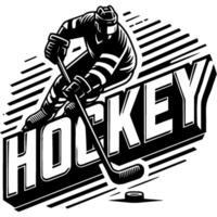 Athletes protective equipment with stick and puck against background of volumetric inscription hockey in monochrome. Simple minimalistic in black ink drawing on white background vector