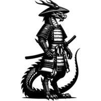 Samurai warrior in armor dragon stands in fighting stance with katana sword in monochrome. Wild reptile animal. Tattoo minimalistic in black ink drawing on white background vector