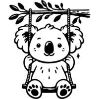 Plush Australian Koala rides on swing hanging from eucalyptus branch in monochrome. Simple minimalistic in black ink drawing on white background vector