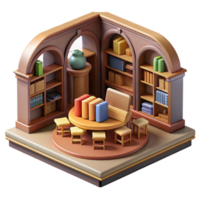 Cozy Reading Room Books, Table, and Chairs in a 3D Isometric Library Setting png