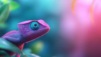 Vibrant Pink Chameleon Camouflaging in Lush Rainforest With Blurred Bokeh Background for Nature Stock Photography and Wildlife Observation photo