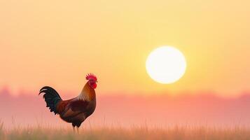 Rooster Crowing at Sunrise with Sun Rising Behind and Vibrant Sky Colors Reflecting a Peaceful Rural Morning Scene with Fresh Dew on Grass photo
