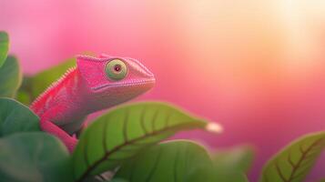 Pink Chameleon Blending into Lush Greenery in Vibrant Rainforest with Sunlight Bokeh for Nature and Wildlife Photography Concept, Highlighting Colorful Camouflage and Tropical Environment photo