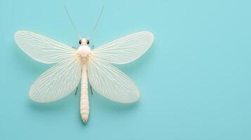 Delicate Nemoptera Bipennis on Soft Blue Background Showcasing Intricate Wing Detail in Minimalist Nature-Inspired Photography Ideal for Design Projects, Art Prints, and Original Wallpapers photo
