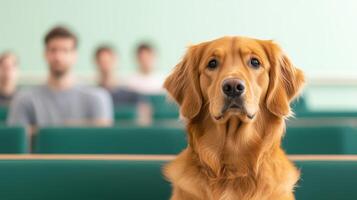 Service Dog in University Classroom with Attentive Students in Background for Educational and Assistance Themes photo