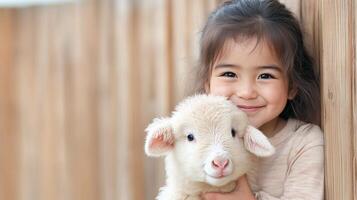 Child With Skin Allergies Smiling Brightly Holding a Lamb Against a Wooden Fence Background, Evoking a Sense of Innocence, Joy, and Connection with Animals in a Natural Outdoor Setting photo
