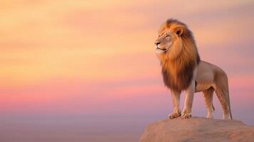 Majestic Lion with Flowing Golden Mane Standing Proudly Against Vibrant Sunset Sky Showcasing Strength and Beauty in Natural Habitat for Wildlife and Nature Photography Enthusiasts photo