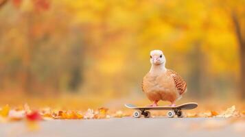Amusing Turkey Riding Skateboard on Leafy Autumn Path with Vibrant Yellow Background for Seasonal Fun and Humor in Outdoor Wildlife Scene photo