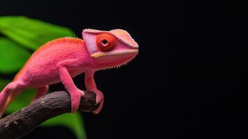 Vibrant Pink Chameleon on Branch with Green Leaves in Dark Background Highlighting Natural Camouflage and Exotic Wildlife photo