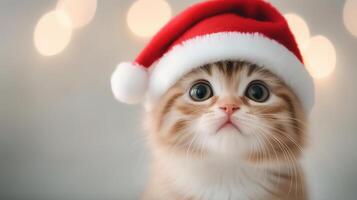 Cute Kitten Wearing Santa Hat with Bokeh Background, Adorable Christmas Feline, Festive Holiday Pet Portrait, Fluffy Cat, Winter Cheerful Animal in Soft Lighting, Endearing Seasonal Photography photo