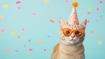 Orange Tabby Cat Wearing Party Hat and Sunglasses on Colorful Confetti Background Celebrating Birthday or Holiday in Playful Festive Stock Photography Scene for Pet and Party Themes photo