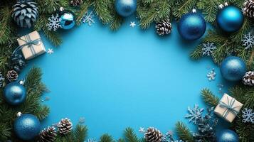 Festive Christmas Doodle Concept Top View With Blue Silver Ornaments Pine Branches Gift Boxes And Snowflakes On Bright Background photo
