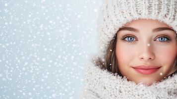Snowy Winter Portrait with Cozy Knit Hat and Scarf, Realistic Snowflakes, Perfect for Holiday Season Backdrops and Photoshop Overlays in Soft Blue Tones and Dreamy Winter Atmosphere photo