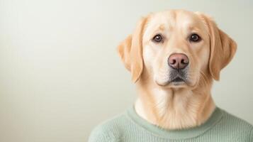 Golden Retriever Wearing Casual Green Sweater Against Soft Neutral Background for Lifestyle and Professional Setting photo