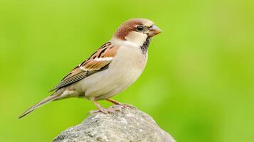 House Sparrow Perched on Rock Against Vibrant Green Background in 16-9 Aspect Ratio Nature Photography Style photo