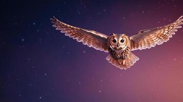Majestic Owl Flying Through Starlit Night Sky With Wings Outstretched Capturing Elegance in Motion Against a Twilight Backdrop Perfect for Wildlife and Nature Photography Enthusiasts photo