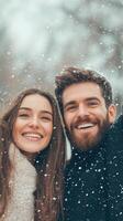Xmas Romantic Smiling couple outdoors during snowfall with blurred winter background. Close-up portrait for seasonal and holiday themes. photo
