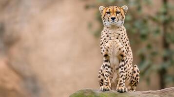 Majestic Cheetah Sitting Alert on Rock with Tail Curled Around Paws Against Blurred Natural Background for Wildlife Photography and Nature Conservation Themes photo