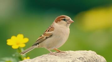House Sparrow Perched on Rock with Blurred Yellow Flower in Background Highlighting Nature's Delicate Details in Natural Habitat Close Up Photography Wildlife Birdwatching Stock Photo