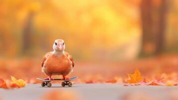 Turkey Riding a Skateboard on Leafy Autumn Path with Vibrant Fall Foliage and Golden Background Celebrating Fun and Quirky Seasonal Activity in Playful Nature Setting for Autumn Adventure photo
