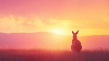 Kangaroo Mother With Joey in Pouch Watching Sunset in Australian Outback, Soft Warm Tones and Captivating Silhouette, Symbolizing Maternal Love and Connection in Nature's Serenity photo