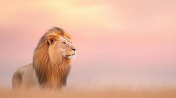 Majestic Lion with Golden Mane Standing in the Tranquil Savannah at Dawn Under a Soft Pink Sky, Wild Beauty in Nature Captured at Sunrise, Highlighting the Regal Stature and Serene Surroundings photo