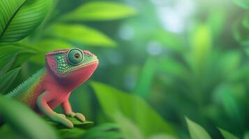 Chameleon Blending Into Lush Rainforest Environment With Vibrant Greenery And Soft Light, Rich Tropical Foliage, Colorful Wildlife, Nature Photography, Exotic Jungle Habitat photo
