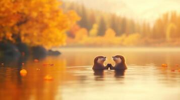 Playful Otters Holding Hands in Tranquil Autumn Lake with Golden Foliage and Soft Morning Light, Enchanting Wildlife Scene in Serene Natural Setting, Perfect for Seasonal and Nature Themes photo