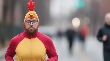 Man in Turkey Costume Jogging on Street During Thanksgiving Day Parade with Blurred Background and Festive Atmosphere photo