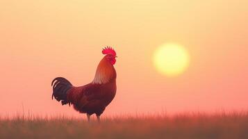 Rooster Crowing at Sunrise with Golden Sun in Background Over Misty Field Creating Serene Morning Atmosphere with Vibrant Colors Signifying Beginning of a New Day and Rural Landscape Scene photo