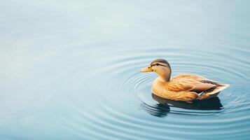 Tranquil Scene of Duck Swimming on Calm Pond with Gentle Ripples in Serene Landscape Showcasing Nature Beauty and Peaceful Atmosphere in Minimalist Composition photo