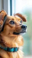 Anxious Dog Looking Out Window at Bright Fireworks Display with Colorful Lights and Calm Expression, Celebrating Holiday in Cozy Home, Capturing Feelings of Safety, Curiosity, and Wonder photo