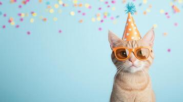 Orange Tabby Cat Wearing Party Hat and Sunglasses Against Blue Background With Colorful Confetti Celebrating Festive Occasion in Fun and Playful Style photo