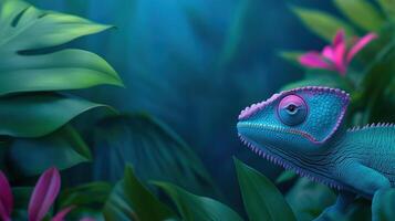 Chameleon Blending Seamlessly into Lush Rainforest Environment with Vibrant Tropical Foliage and Colorful Pink and Green Hues photo