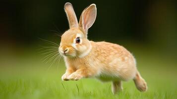 Rabbit Hopping Across Lush Green Field with Upright Ears Showcasing Lively Motion and Natural Spring Vibe in a Serene Meadow Setting Capturing Whimsy and Freedom for Nature Enthusiasts photo