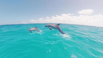 Playful Dolphins Leaping Above Crystal Clear Ocean on a Sunny Day Under a Blue Sky With White Clouds photo
