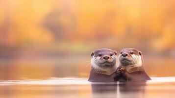 Playful Otters Floating Together Holding Hands in Tranquil Water Embrace Against Warm Autumn Backdrop, Showcasing Wildlife Bond and Serenity, Ideal for Nature Lovers and Animal Enthusiasts photo