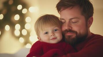 Father with Down Syndrome Holds Child in Warm Christmas Setting, Displaying Genuine Love and Bonding, Soft Focus on Festive Bokeh and Cozy Atmosphere with Gentle Smiles and Tender Affection photo