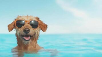 Cute Funny Dog Wearing Sunglasses Floating in a Pool Under Bright Blue Sky Making It a Perfect Summer Day Highlighting Fun, Relaxation, and Whimsical Pet Humor for Seasonal and Leisure Concepts photo