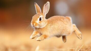 Energetic Rabbit Hopping with Ears Upright Across Golden Field in Autumn - Nature Wildlife Photography Showing Motion and Serenity for Seasonal Stock Use photo