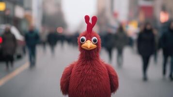 Red fluffy bird character with comical expression standing in a blurred urban street background. Humorous concept photo