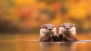 Pair of Playful Otters Floating Together Holding Hands in Warm Autumn Waters with Colorful Fall Foliage Reflections photo