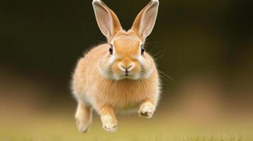 Rabbit Hopping Across a Field with Upright Ears Showcasing Elegant Motion and Natural Charm in a Serene Outdoor Landscape Perfect for Springtime Design and Wildlife Enthusiasts photo