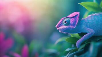 Vibrant Chameleon Blending Into Colorful Rainforest Background With Lush Green Foliage And Soft Pastel Backdrop photo