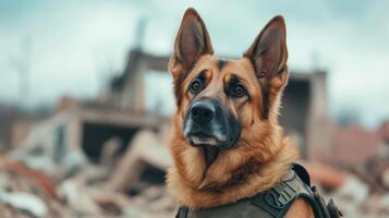 Military Working Dog Wearing Uniform and Bulletproof Vest Among Debris in Rubble Field Highlighting Loyalty and Protection in Challenging Conditions With Blue Sky and Determined Expression photo