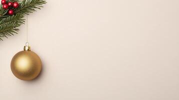 Minimalist Holiday Design Featuring Gold Ornament and Pine Branches for Elegant Festive Season Webpage photo