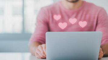 Laptop with Heart Icons for Valentines Day Promotion in Modern Office Setting Digital Marketing Professional Engaging with Content Strategy Concepts on photo