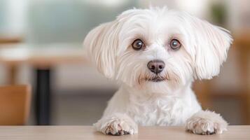 Adorable Small White Service Dog Sitting with Calm Expression in Indoor Setting Highlighting Service Animal Role, Compassion, and Loyalty photo